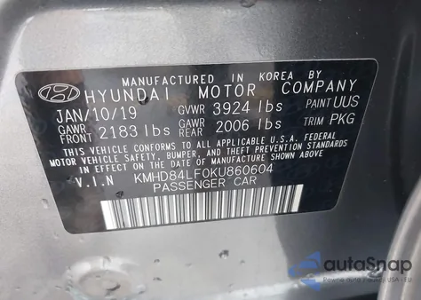 2019 Hyundai Elantra Sel/Value/Limited z USA, uszkodzony, nr VIN KMHD84LF0KU860604